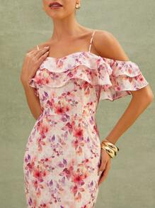 L'Amorae Vestido de verano elegante con volantes de gasa y hombros descubiertos con diseño floral, atuendos de verano para mujer - Multicolor - Ver 3