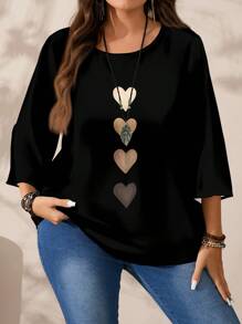 EMERY ROSE Camisa de cuello redondo, manga 3/4, de estilo casual y minimalista, para tallas grandes - Multicolor - Ver 1