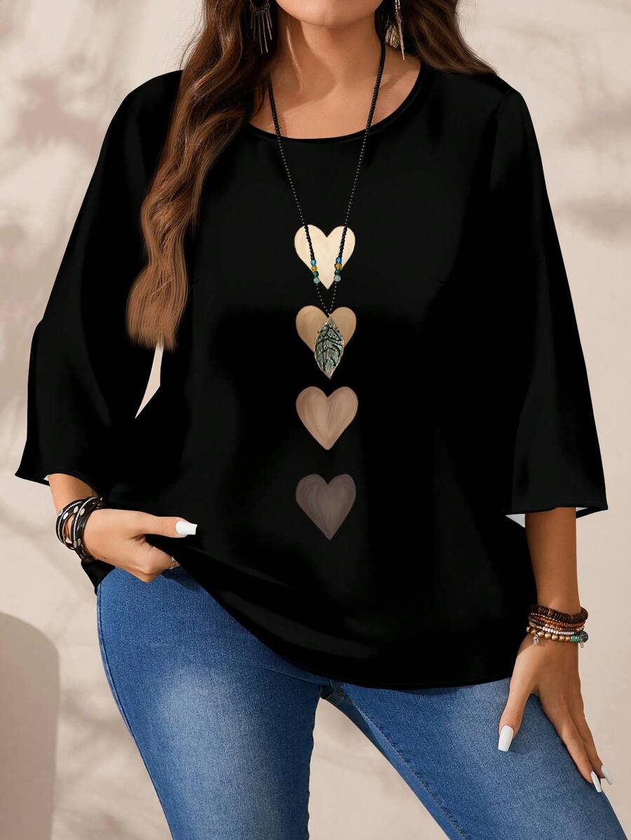 EMERY ROSE Camisa de cuello redondo, manga 3/4, de estilo casual y minimalista, para tallas grandes - Multicolor - Ver 1