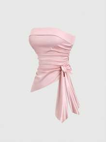 Sweetra Women's Tie Detail Cinched Waist Asymmetrical Tube Top Camisole