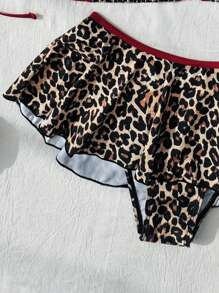 Swim Mod 2 piezas Conjunto de ropa de playa para mujer de primavera, top de tirantes con estampado de leopardo y conjunto de bikini con volantes y ribete en contraste