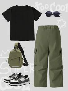 SHEIN 小男孩熊字母印花短袖上衣和工装裤套装 - 白色 - 查看 2