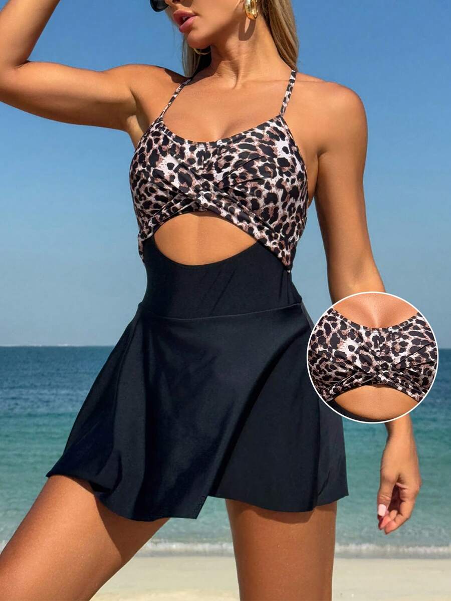 Swim Lushoire 夏季女士豹纹扭结镂空泳衣罩衫，适合度假和海滩 - 彩色 - 查看 1