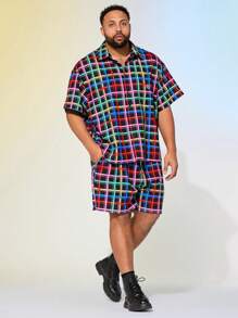 Mainfolk 2pcs/Set Men's Loose Collar Short Sleeve Plus Size Casual Shirt Set, Suitable For Summer - Multicolor - View 1