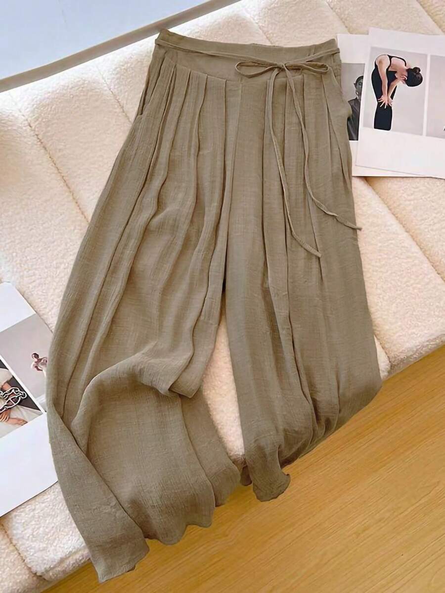 Franclia 优雅卡其色高腰蝴蝶结褶皱阔腿裤，女款，春夏 - 卡其色 - 查看 1