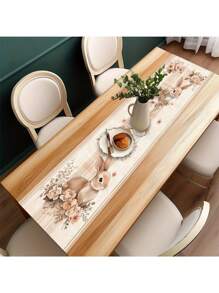 1pc Easter Floral Pattern Delicate Design Style Easter Bunny & Eggs Table Runner, Add Spring Holiday Atmosphere, Suitable For Easter Decoration