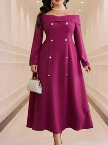 Modelyn Robe élégante à épaules dénudées, manches longues, double boutonnage, grande taille pour femmes - Rose vif - Voir 2