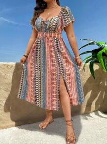 Breezaya Vestido casual de vacaciones con estampado y abertura lateral para mujer de talla grande