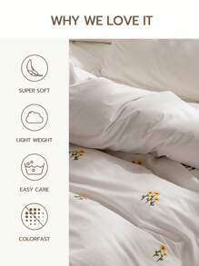 3件套100%涤纶花卉刺绣被套组（1个被套和2个枕套），现代涤纶床上用品套装，四季皆宜 - 白色 - 查看 6