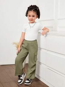 SHEIN 2pcs/Set Young Girl Knitted Solid Color Round Neck Pleated Top And Loose Casual Cargo Pants'