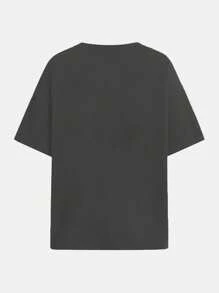 SHEIN EZwear Áo thun tay ngắn cổ tròn họa tiết tối giản giản dị cỡ lớn cho nữ - Màu xám đen - Xem 2