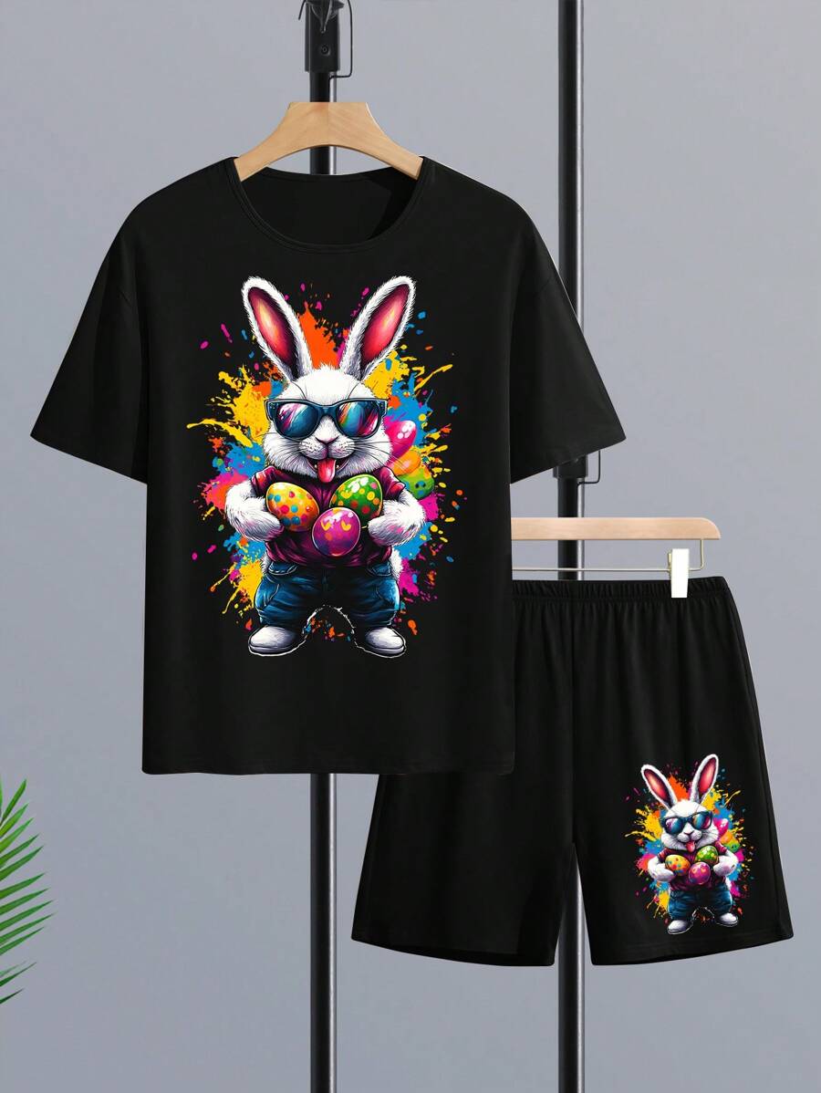 Tween Boys' Colorful Easter Egg Rabbit Graphic Print Comfortable Casual Outfit For Summer Outdoor Sporty - Black - View 1