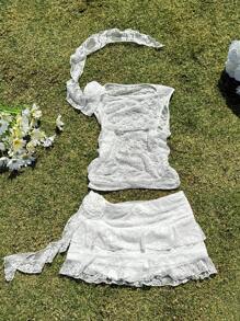 Comfortcana Women's Fashion 3D Floral Decorated Lace Cami Top And Ruffle Hem Skirt Set - White - View 6