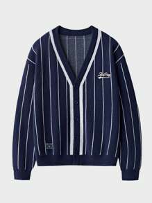 Manfinity Sporsity V-Neck Front Button Striped Print Long Sleeve Knit Cardigan