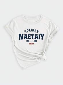 INAWLY Luźna, minimalistyczna koszulka z nadrukiem w litery i okrągłym dekoltem i krótkim rękawem