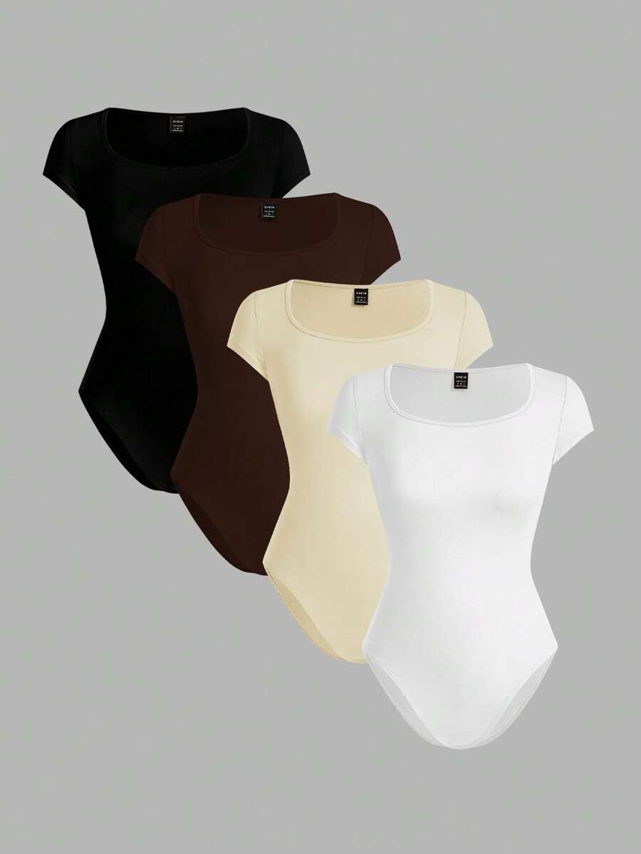 SHEIN EZwear 4 件套女士圆领短袖紧身衣，多色，适合夏季 - 彩色 - 查看 1