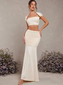 L'Amorae 夏季女装，女装，优雅白色褶皱短袖金色装饰上衣，褶皱长裙套装，女士两件套，春季女装，女士套装，婚礼宾客 - 杏色 - 查看 1