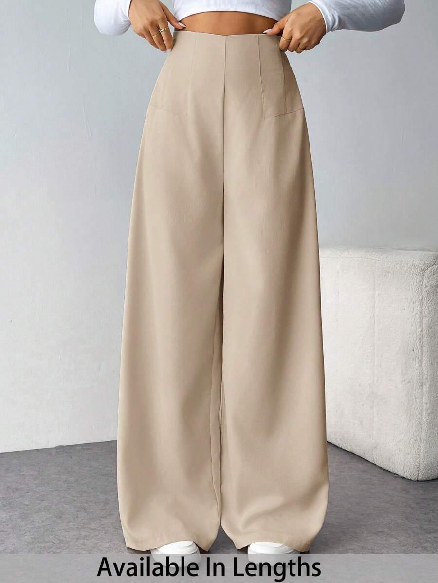 SHEIN Tall CURVE 大码女式休闲时尚高腰纹理阔腿裤，办公室/通勤装 - 杏色 - 查看 1