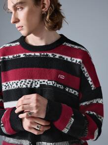 NEON BLANC Men's Streetwear Red And Black Color Block Crew Neck Knit Sweater, For Fall Winter - Black - View 1