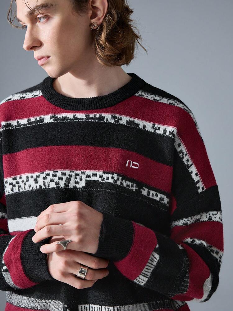 Men's Streetwear Red And Black Color Block Crew Neck Knit Sweater, For Fall Winter