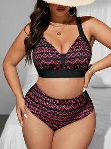 SHEIN Swim Curve Bikini de 2 piezas para mujer de talla grande con sujetador de tirantes anchos y bloques de color, y pantis de tiro alto, para playa/resort, vacaciones de verano