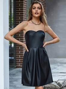 纯色PU皮革筒裙 - 黑色 - 查看 3