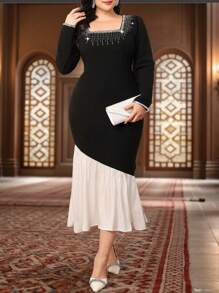 Modelyn Plus Size Women Rhinestone Decor Square Neck Long Sleeve Mermaid Hem Elegant Dress - Black and White - View 7