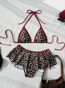 Swim Mod 2 piezas Conjunto de ropa de playa para mujer de primavera, top de tirantes con estampado de leopardo y conjunto de bikini con volantes y ribete en contraste