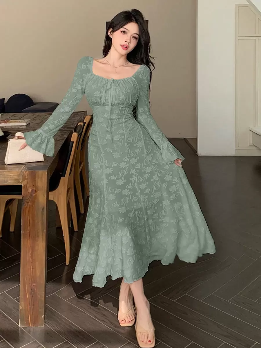 DAZY Vestido de mujer de cuello cuadrado de manga larga con tela texturizada, elegante, con volantes, vestido de otoño - Verde - Ver 1