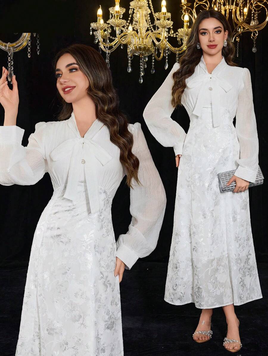 Modelyn 1pc Women's Floral Jacquard Tie Collar Mesh Sleeve Elegant Dress - White - View 1