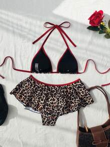 Swim Mod 2 piezas Conjunto de ropa de playa para mujer de primavera, top de tirantes con estampado de leopardo y conjunto de bikini con volantes y ribete en contraste