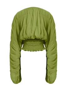 INAWLY Áo kiểu nữ mùa thu hè gợi cảm, chất liệu chiffon, cổ chữ V, tay dài phồng, dáng croptop, ôm sát, thích hợp dự tiệc, áo sơ mi nữ thời trang tối giản, mặc hàng ngày. - màu xanh lá - Xem 4