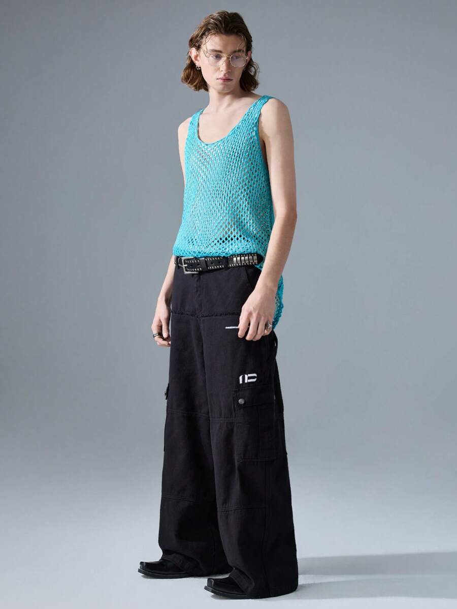 NEON BLANC 2pcs Men's Semi-Sheer Sleeveless See-Through Hollow-Out Tank Top, Blue & White - Blue - View 1