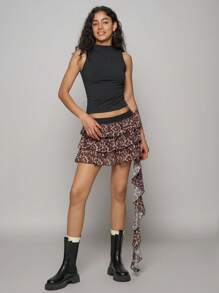 Easelle Leopard Print Mesh Layered Ruffle Hem Patchwork Asymmetric Tie-Waist Short Skirt For Women - Coffee Brown - View 7