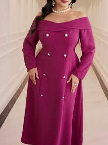 Modelyn Robe élégante à épaules dénudées, manches longues, double boutonnage, grande taille pour femmes - Rose vif - Voir 1