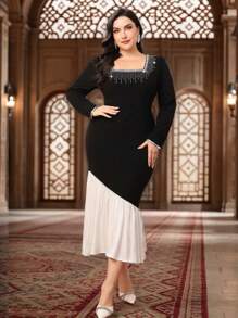 Modelyn Plus Size Women Rhinestone Decor Square Neck Long Sleeve Mermaid Hem Elegant Dress - Black and White - View 5