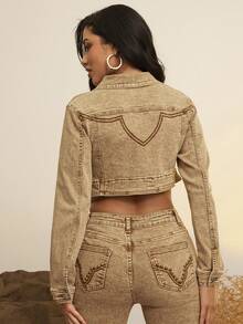 Denimoi 女士长袖单排扣短款休闲牛仔夹克 - 卡其色 - 查看 2