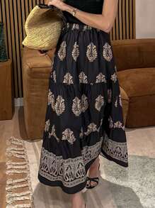 Pariaura Fashionable Flared Black Print A-Line Skirt, Versatile And Elegant For Women In Spring/Summer Fall Cloth For Women