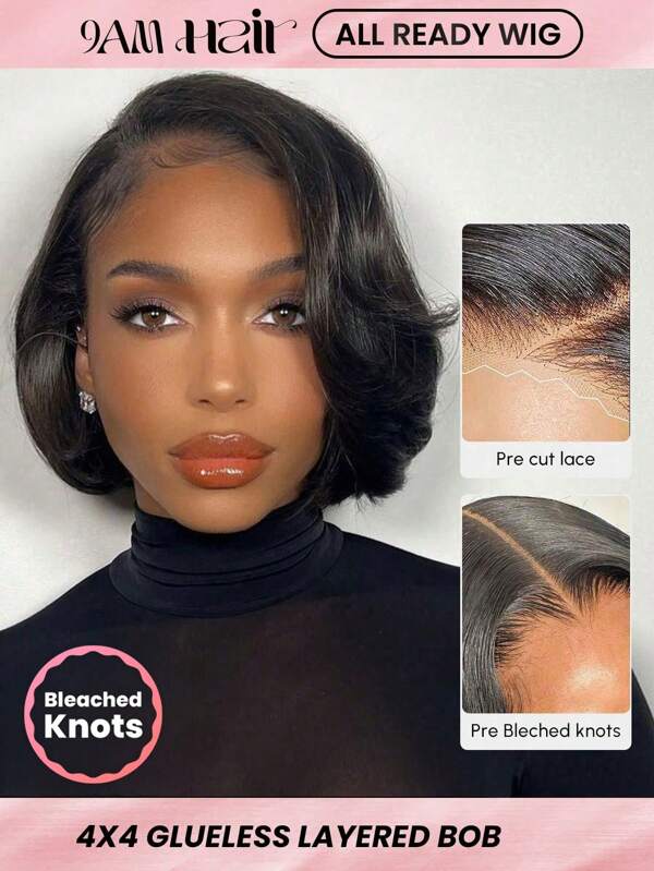 ALL READY WIG 4x4 Pre Cut Glueless Pre-Plucked Fashionable Hairstyles Wave Lace Closure Bob Wig Human Hair 8-10 Inch Short Hair 180% Density For Women Boss Lady Vibe C Part Natural Black Pre-Plucked Hairline Wig
