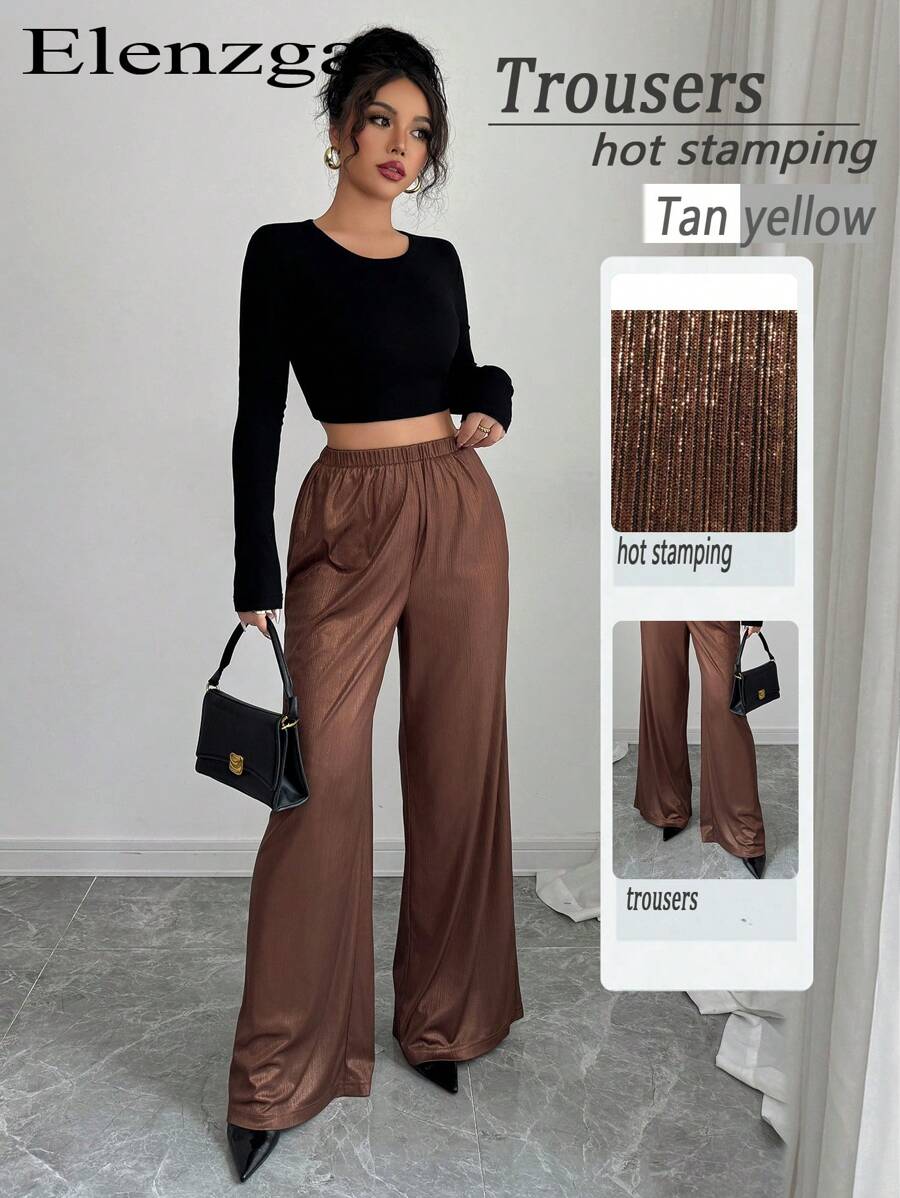 Elenzga Pantalones anchos brillantes, pantalones casuales con cintura elástica de material texturizado - Marrón - Ver 1