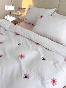 3入組套花卉刺繡被套（1入組被套和2入組枕套）臥室現代布藝床上用品套裝 - 白色 - 查看 2