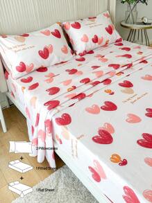 4pcs 100% Polyester Heart Print Bedding Set (2 Pillowcases + 1 Bed Sheet + 1 Fitted Sheet), Romantic Wedding Season - Multicolor - View 4
