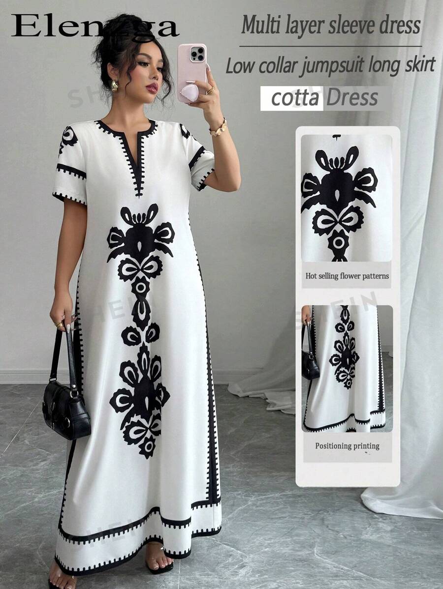 Elenzga Vestido largo casual con estampado floral de manga corta y cuello en V para mujer