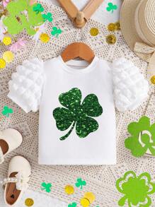 SHEIN Young Girl Casual Minimalist St. Patrick's Day Clover Print Short Sleeve Round Neck T-Shirt, Suitable For Summer - White - View 3