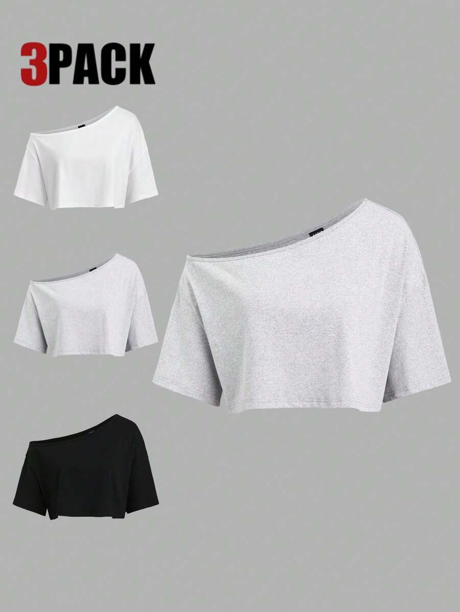 Sweetra 4PCS/Set Off-Shoulder Short Sleeve T-Shirts In White, Gray, Black Multiple Colors, Loose Fit - Multicolor - View 1