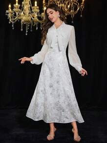 Modelyn 1pc Women's Floral Jacquard Tie Collar Mesh Sleeve Elegant Dress - White - View 8