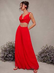 L'Amorae Fashionable Solid Color High Waist Wide Leg Pleated Pants