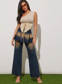 Denimoi 洗水分层褶皱裙 宽松牛仔裤 - 深色水洗藍 - 查看 5