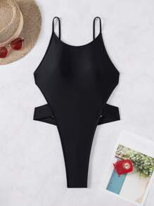 Swim SXY Women's Sexy Elegant Solid Color Criss-Cross Backless Diamond Metal Accessory One-Piece Swimsuit, Simple & Fashionable