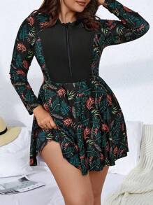 Swim Mulvari Summer Beach Plus Size Tropical Print Zipper Front Swim Dress